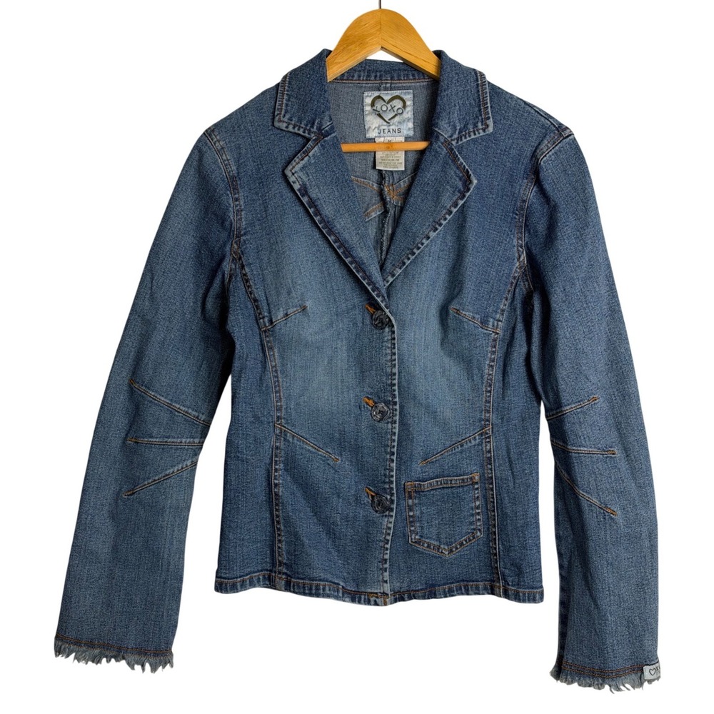 XOXO Jeans vintage Blue Denim Blazer Jacket Med Wash Frayed Hem y2k 2000s brats